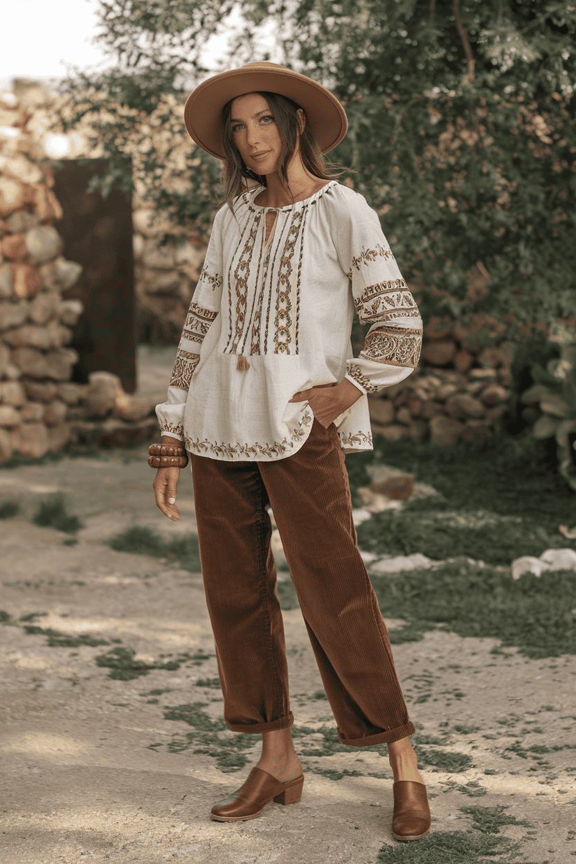 Young woman in embroidered blouse and corduroy trousers against rustic outdoor backdrop.