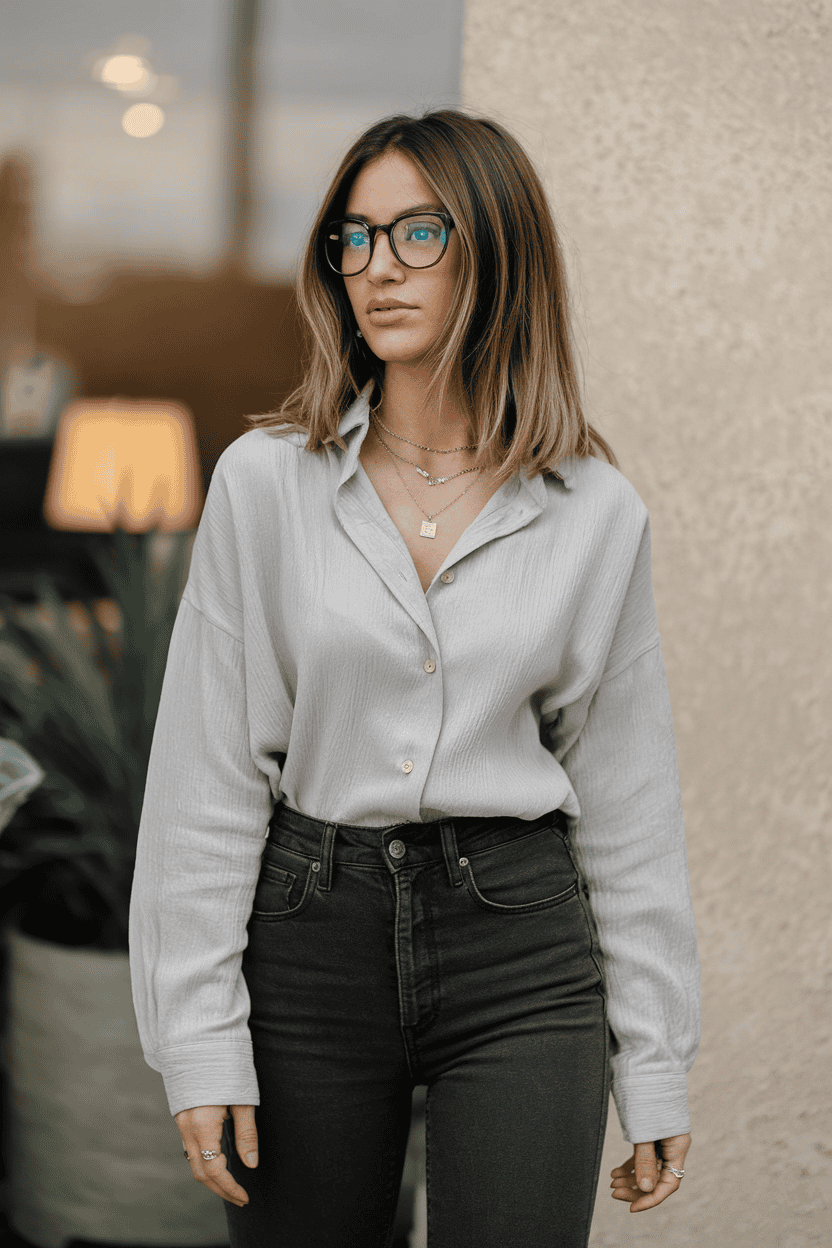 Young woman in oversized gray shirt and dark jeans, exuding casual style against a neutral backdrop.