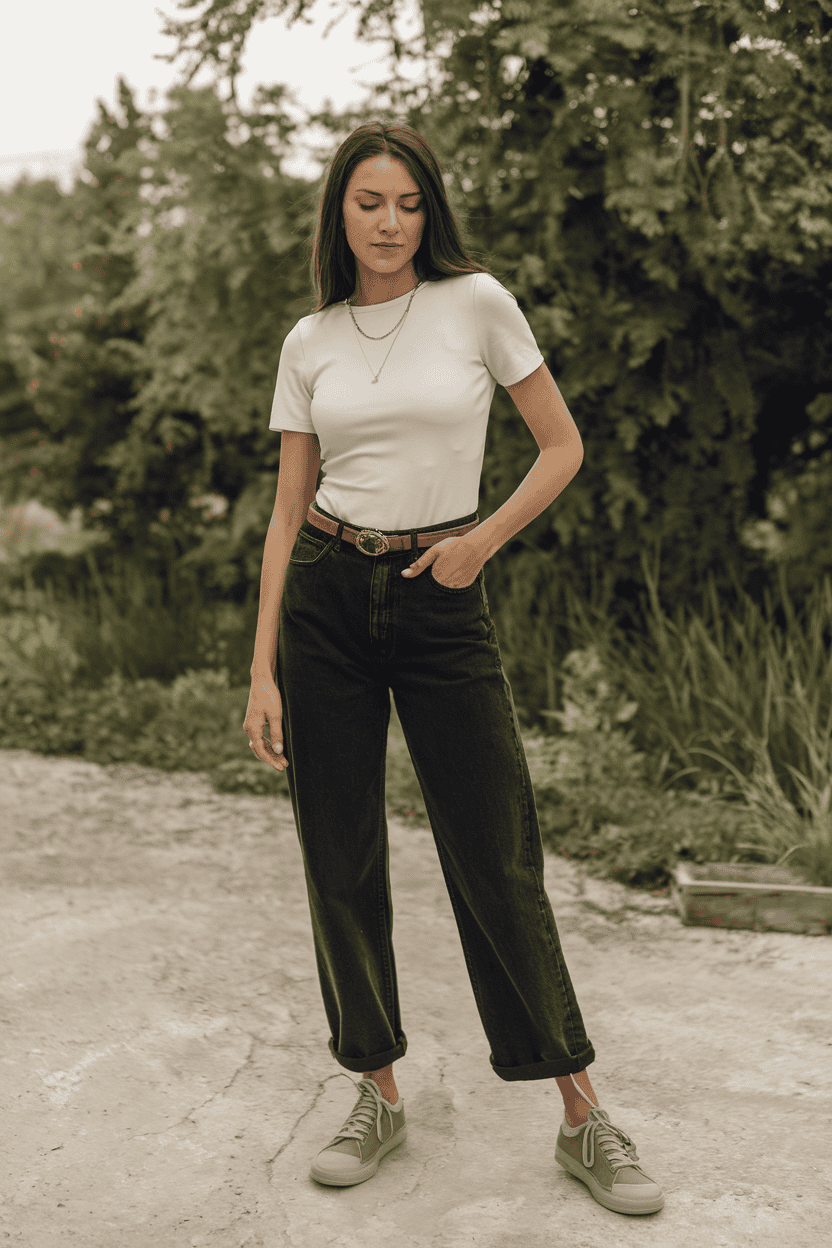 Young woman in casual outfit poses confidently amidst lush greenery and serene surroundings.