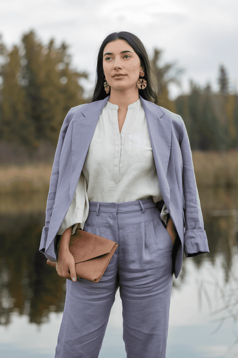 Stylish woman in lavender suit by tranquil water, showcasing modern fashion and natural beauty.