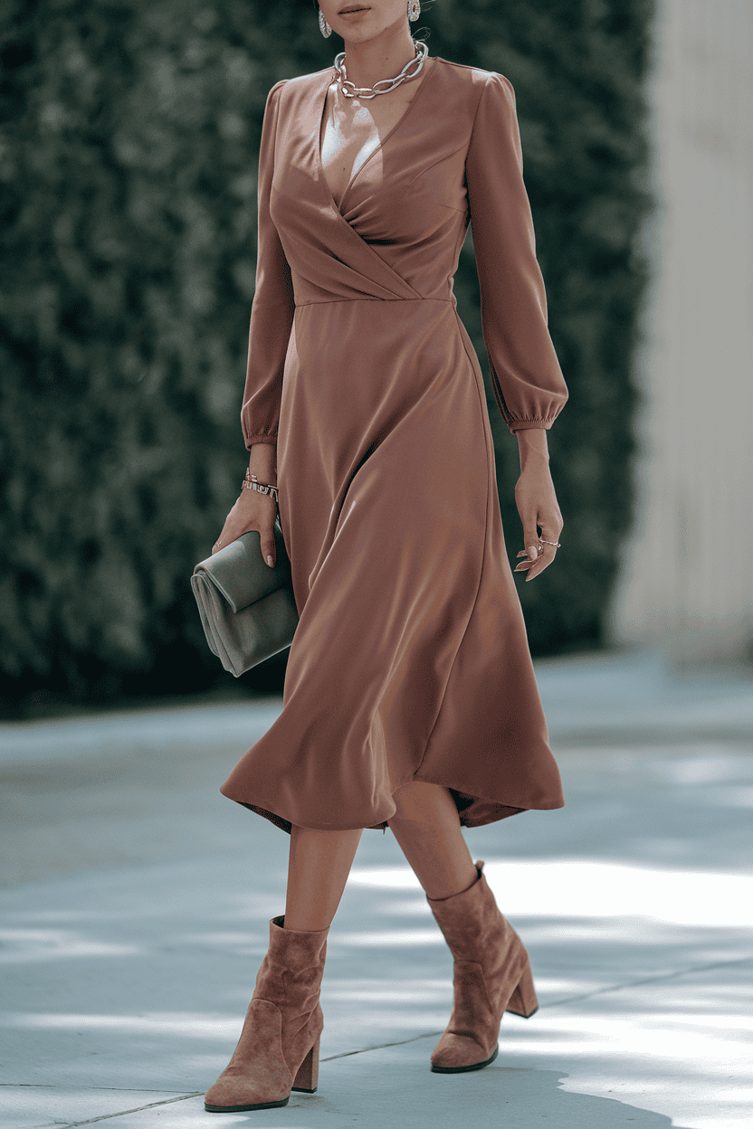 Fashionable woman in mauve wrap dress and ankle boots, exuding style and confidence outdoors.