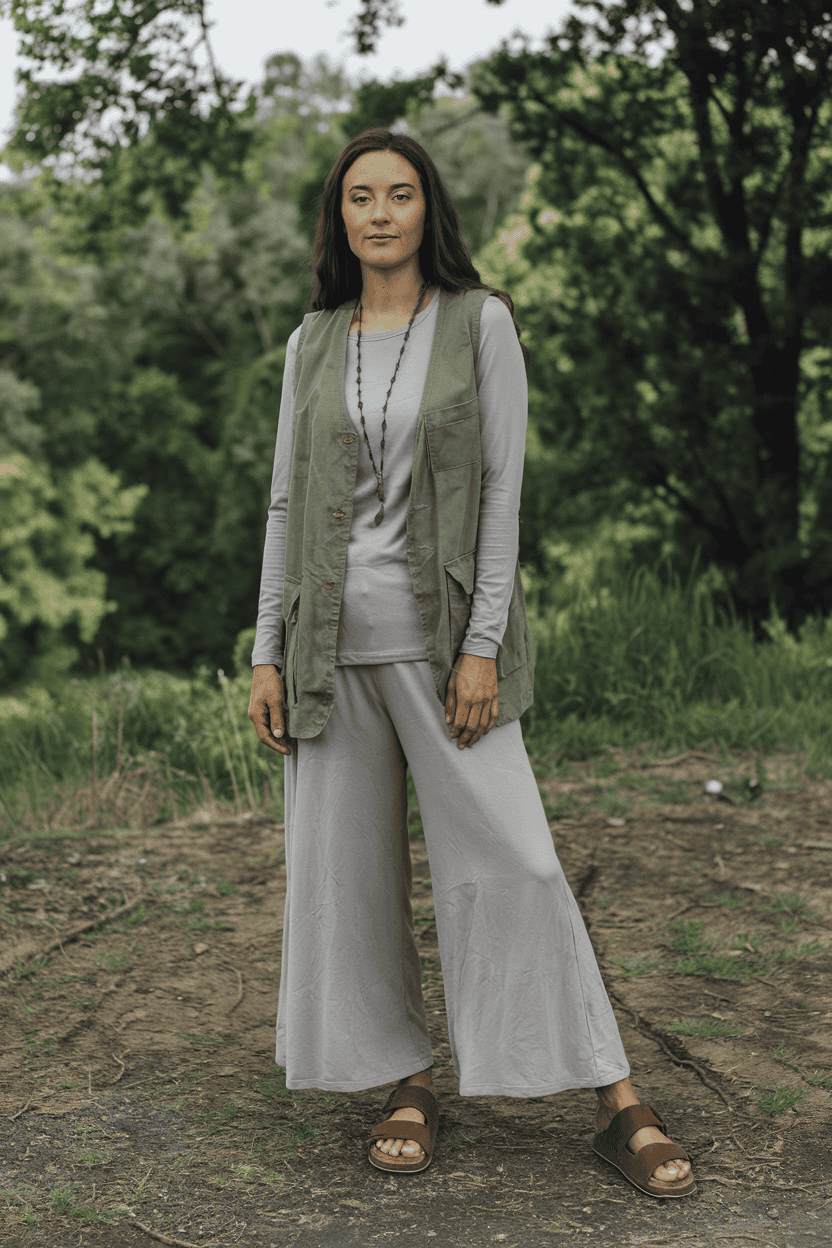 Confident woman in stylish outdoor outfit poses in a serene, green natural setting.