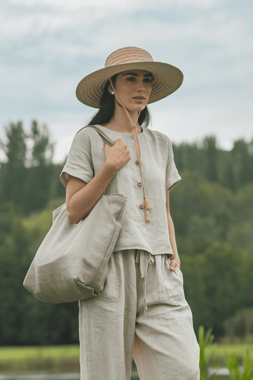 Stylish woman in nature wearing relaxed outfit, straw hat, and carrying a woven bag.