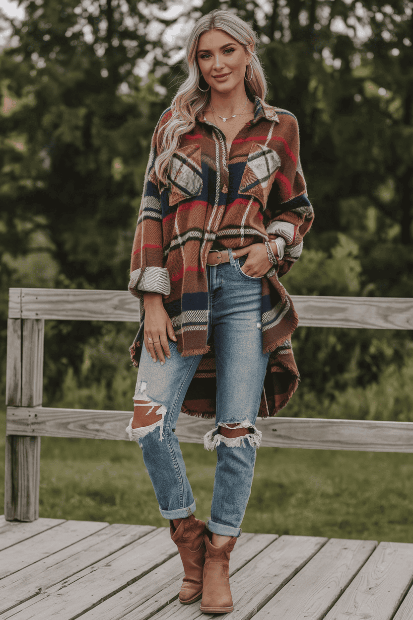 Stylish woman in plaid shirt and distressed jeans enjoys nature on a wooden deck.