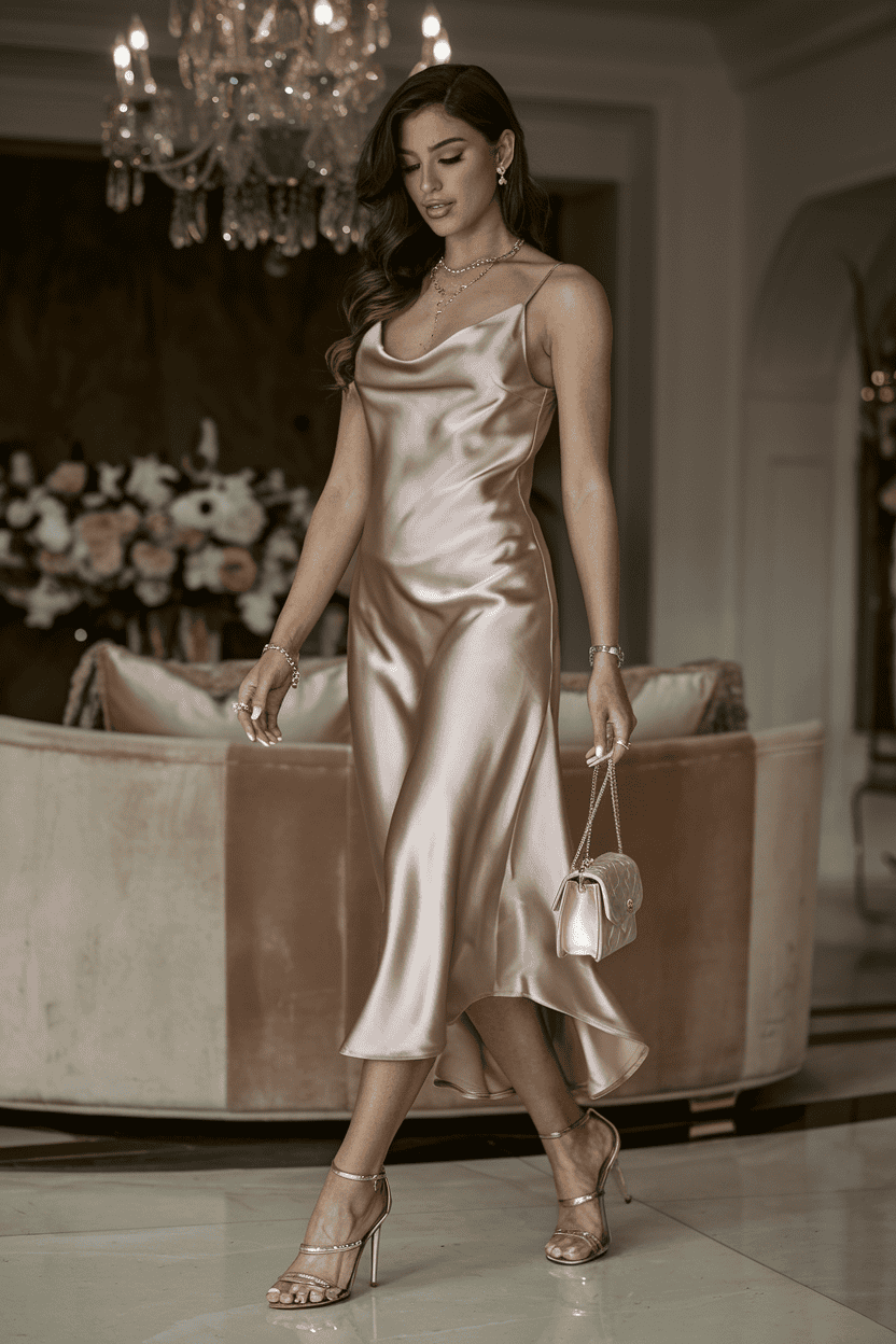 Elegant woman in rose gold satin slip dress walking through a luxurious indoor setting.