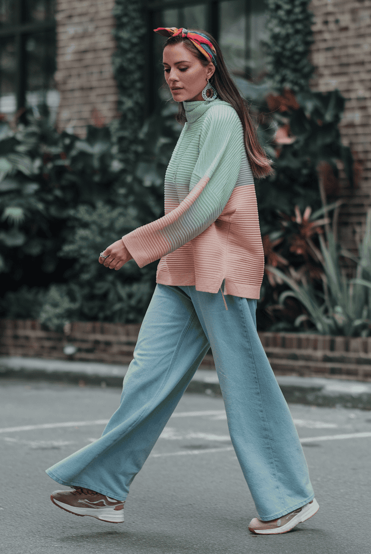 Woman in colorful outfit walking confidently in urban greenery, blending style with nature.