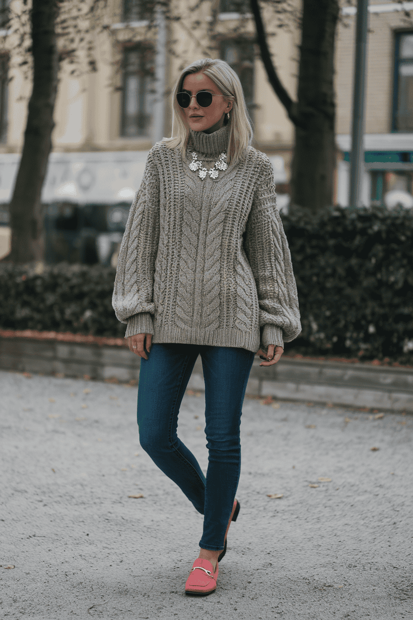 Stylish woman in oversized sweater and loafers walking in an urban park setting.