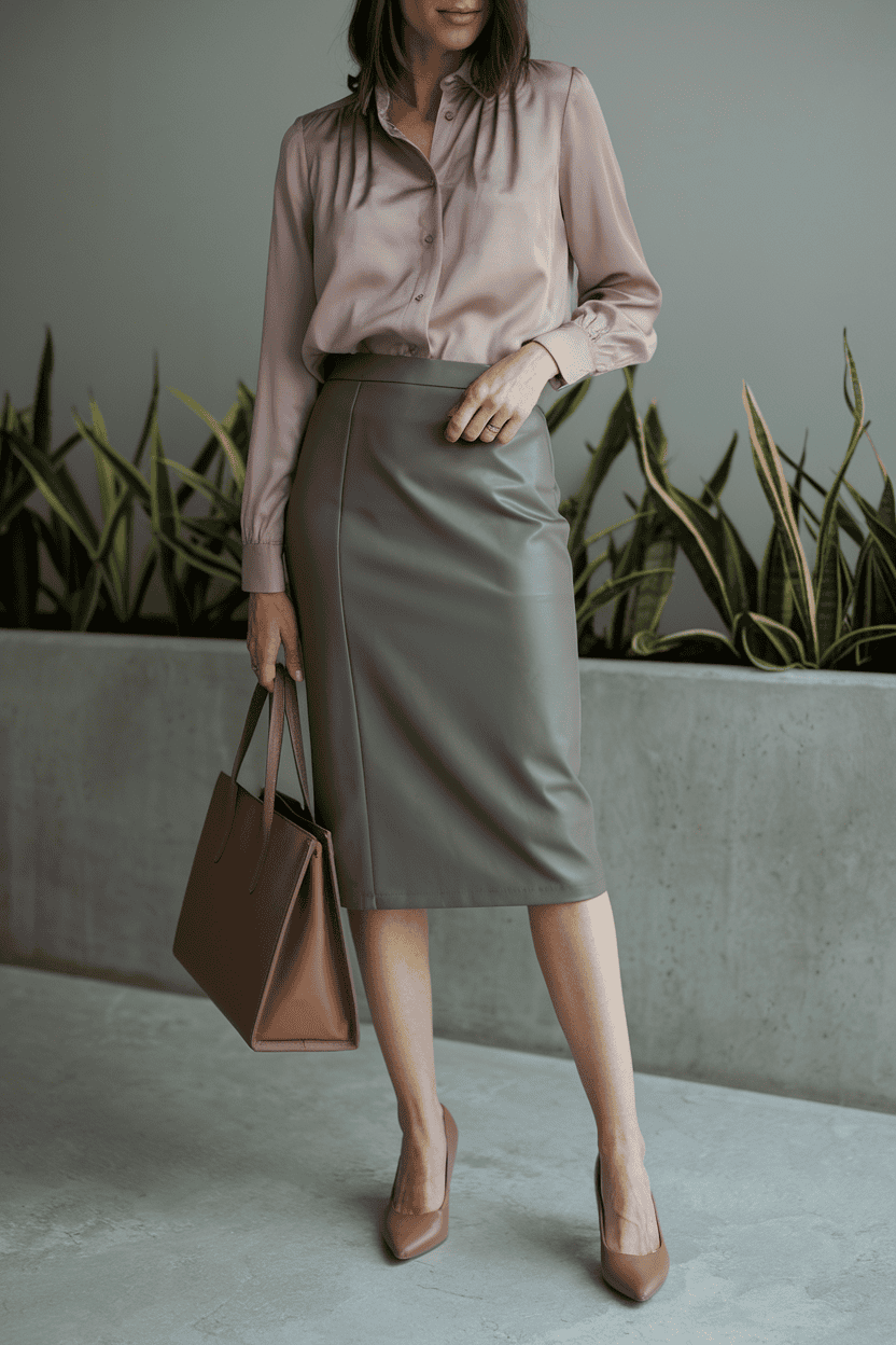 Elegant woman in mauve blouse and gray skirt, showcasing professional fashion with stylish accessories.