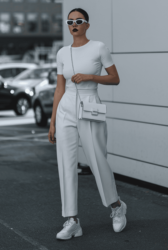 Fashionable woman in white outfit walks confidently on a stylish urban street.