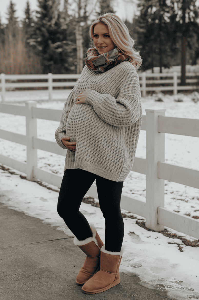 Pregnant woman in cozy winter sweater, cradling her belly in a snowy outdoor setting.