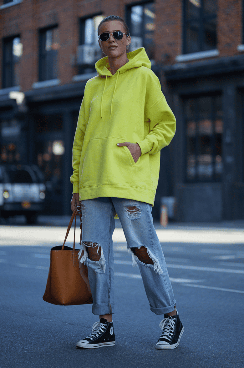 Confident woman in neon yellow hoodie and ripped jeans, showcasing urban street style.