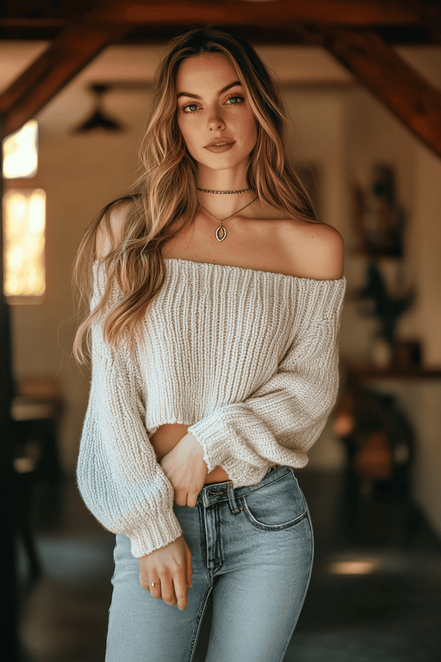 Young woman in off-shoulder knitted sweater and jeans posing in cozy modern interior.