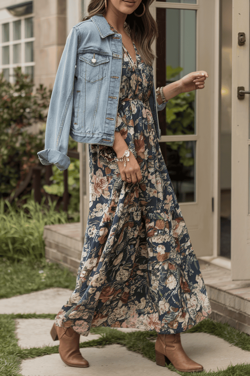 Stylish woman in floral maxi dress and denim jacket walking gracefully outdoors.