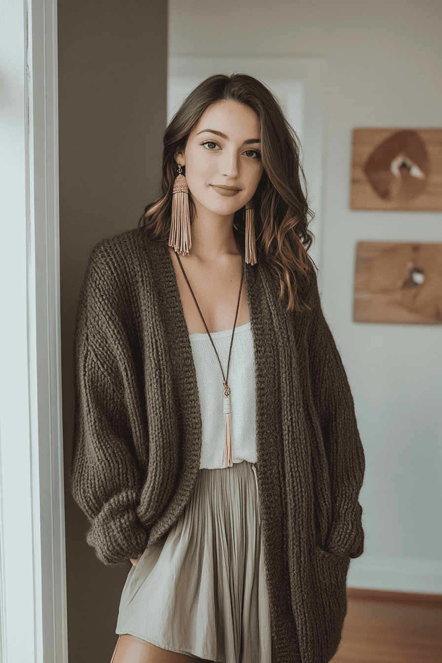 Young woman in olive green cardigan and cream top, stylish indoor fashion, modern cozy outfit.