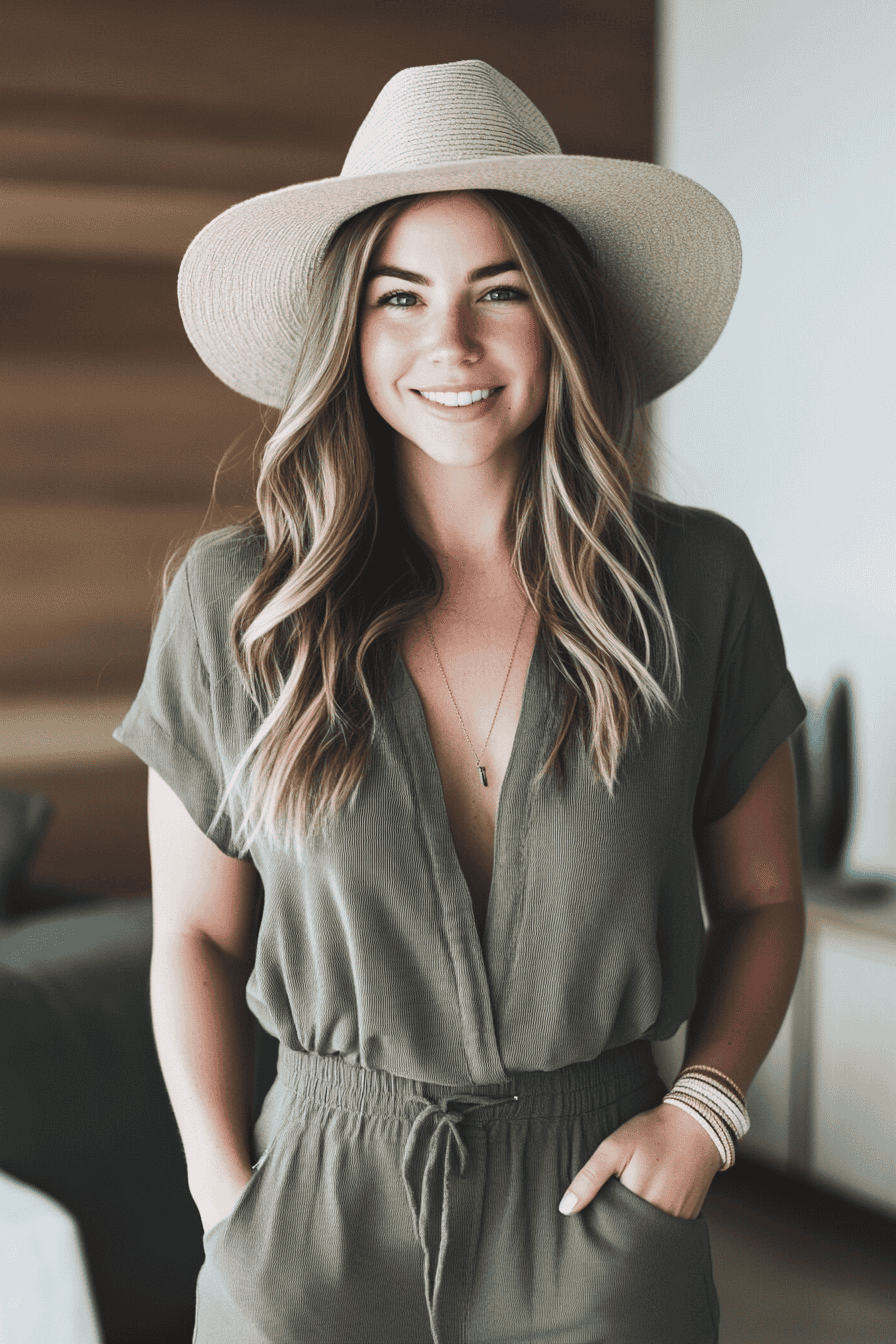 Smiling woman in olive green jumpsuit and straw hat, modern summer fashion style indoors.