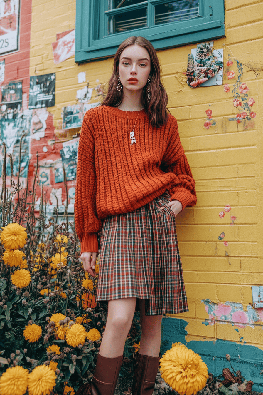 Fashionable woman in orange sweater and plaid skirt poses against colorful urban yellow wall with marigolds.