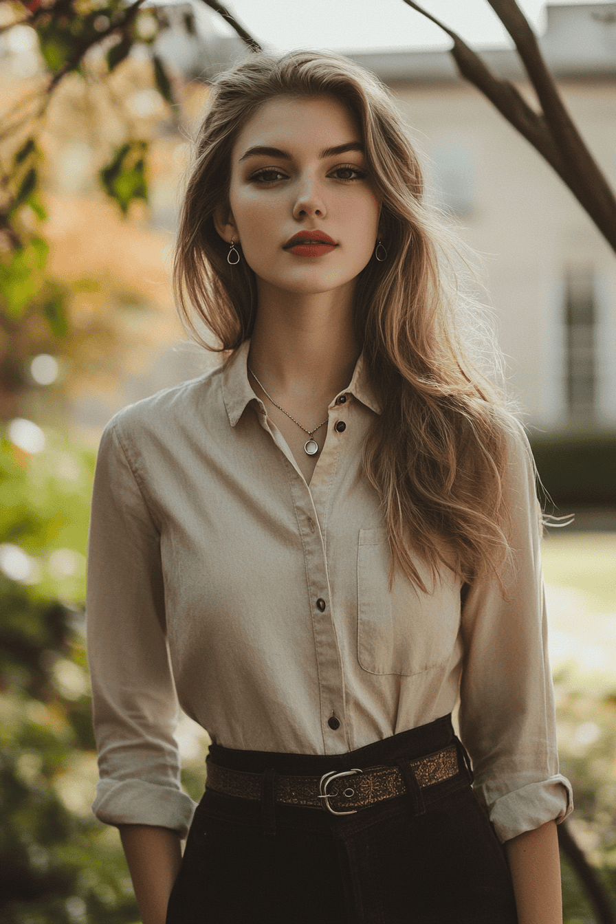 Stylish woman in beige shirt posing outdoors in autumn sunlight with greenery background.