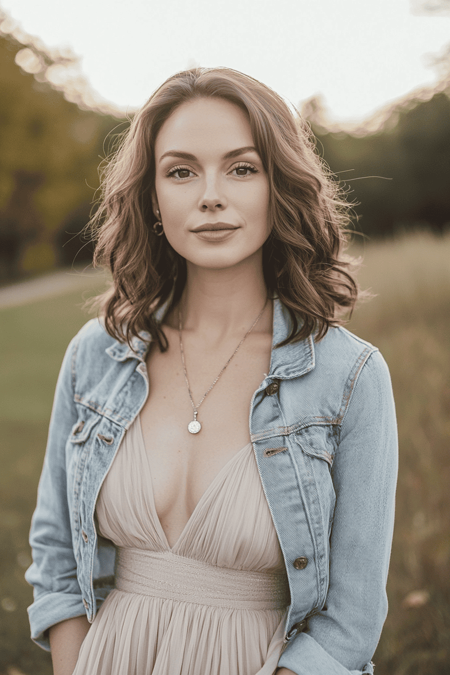 Young woman in denim jacket and dress posing outdoors in a park, natural light portrait.