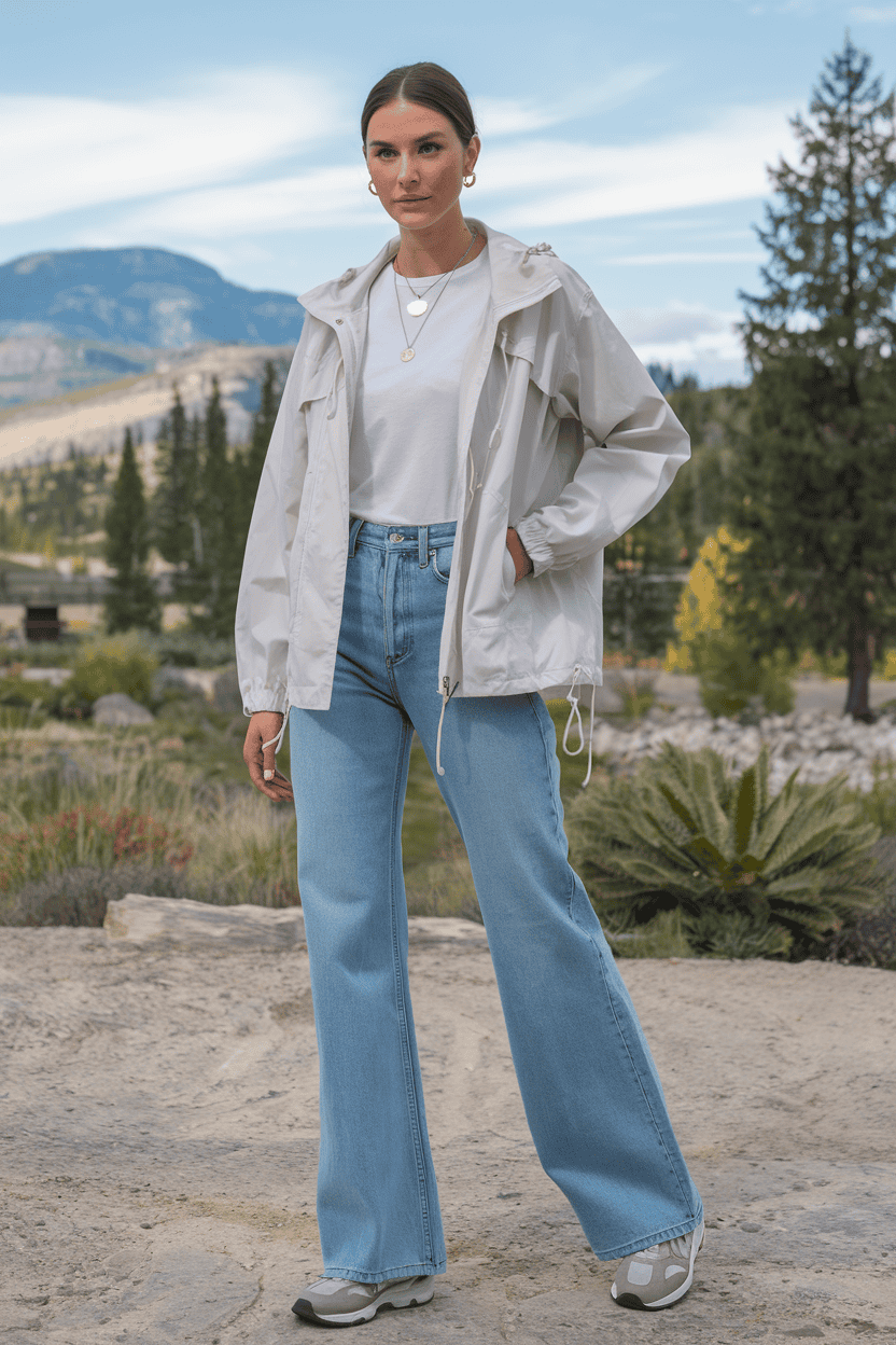 Woman in stylish outdoor fashion amidst serene nature and mountains, exuding casual elegance.