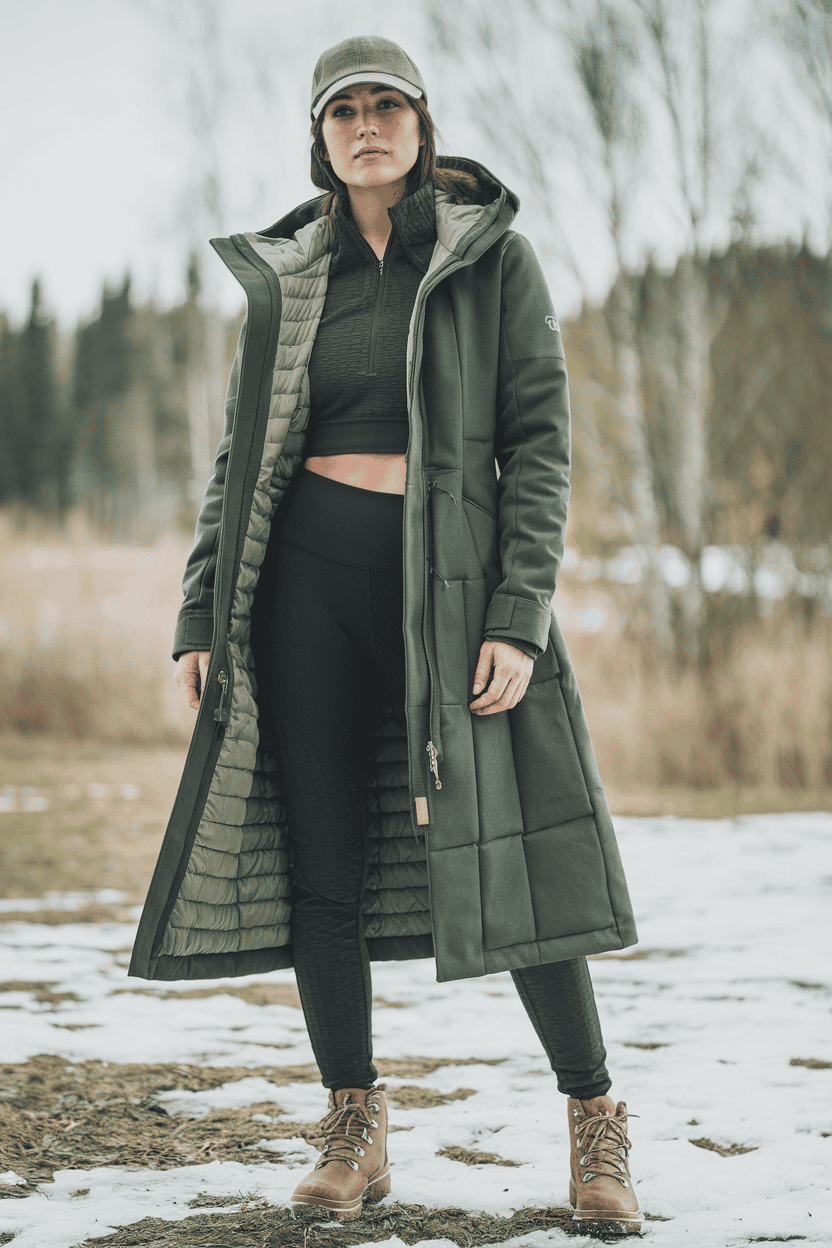 Confident woman in olive coat and snow boots explores nature in stylish outdoor outfit.