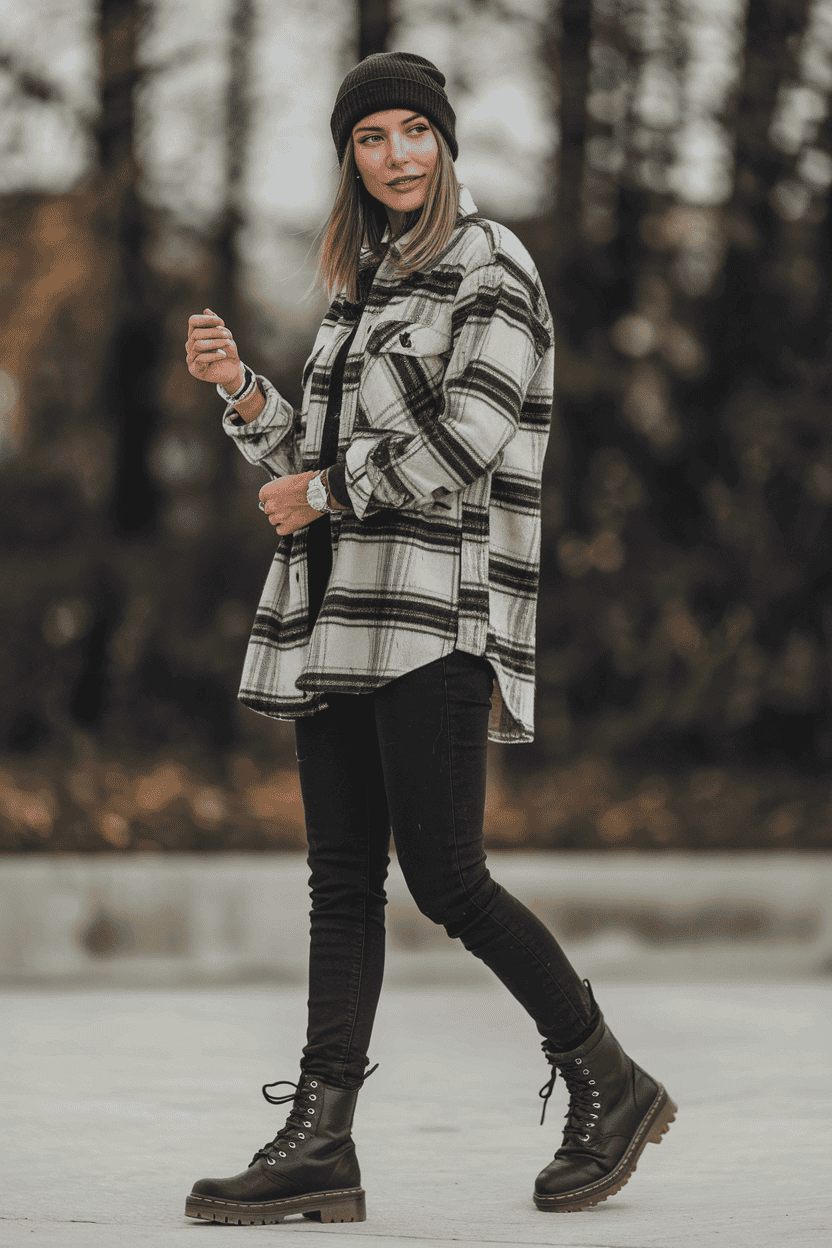 Young woman in stylish plaid flannel shirt and black jeans walks confidently outdoors.