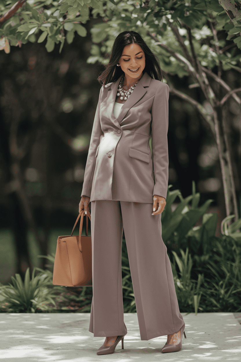 Stylish young woman in a tailored suit poses confidently against a lush green background.