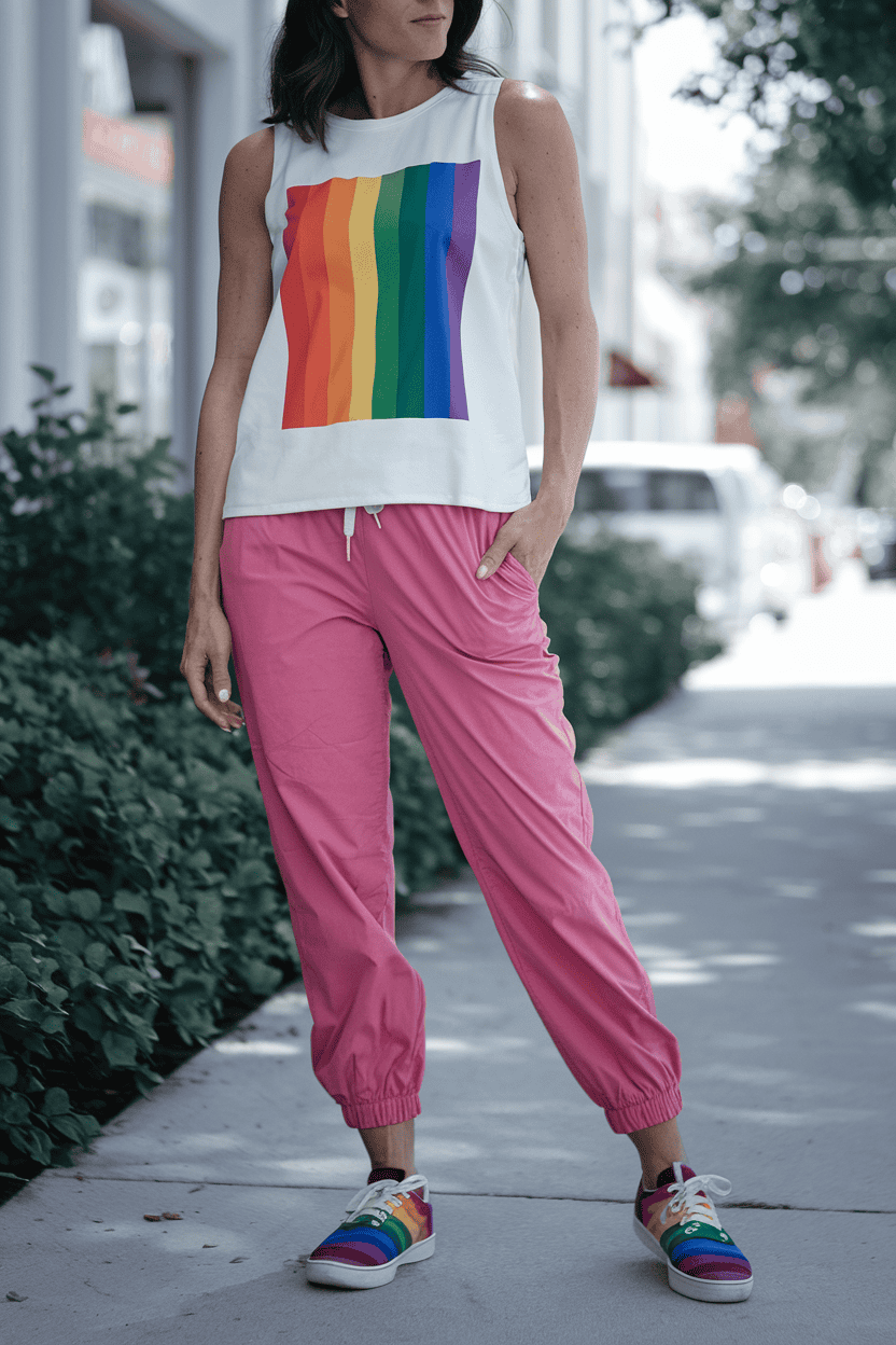 Confident woman in rainbow outfit smiles on city street, celebrating diversity and individuality.