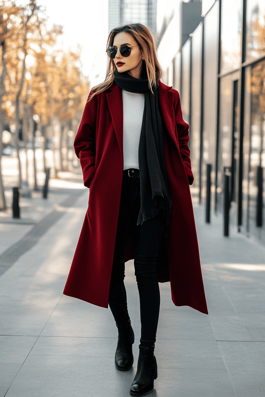 Stylish woman in red coat walking down city street in autumn fashion, urban style.