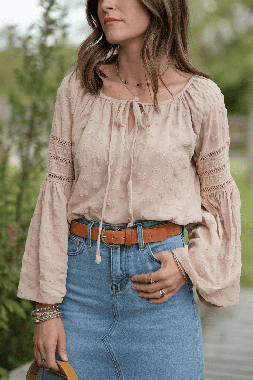Stylish woman in blush blouse and denim skirt poses outdoors in a chic, casual outfit.