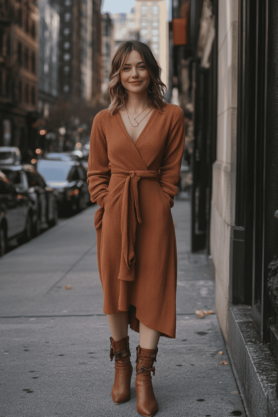 Woman in rust wrap dress with ankle boots on city sidewalk, autumn street fashion style.