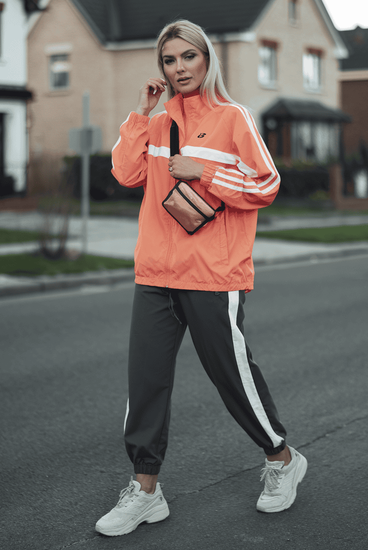 Woman in sporty outfit poses confidently in suburban street, featuring a vibrant windbreaker and joggers.