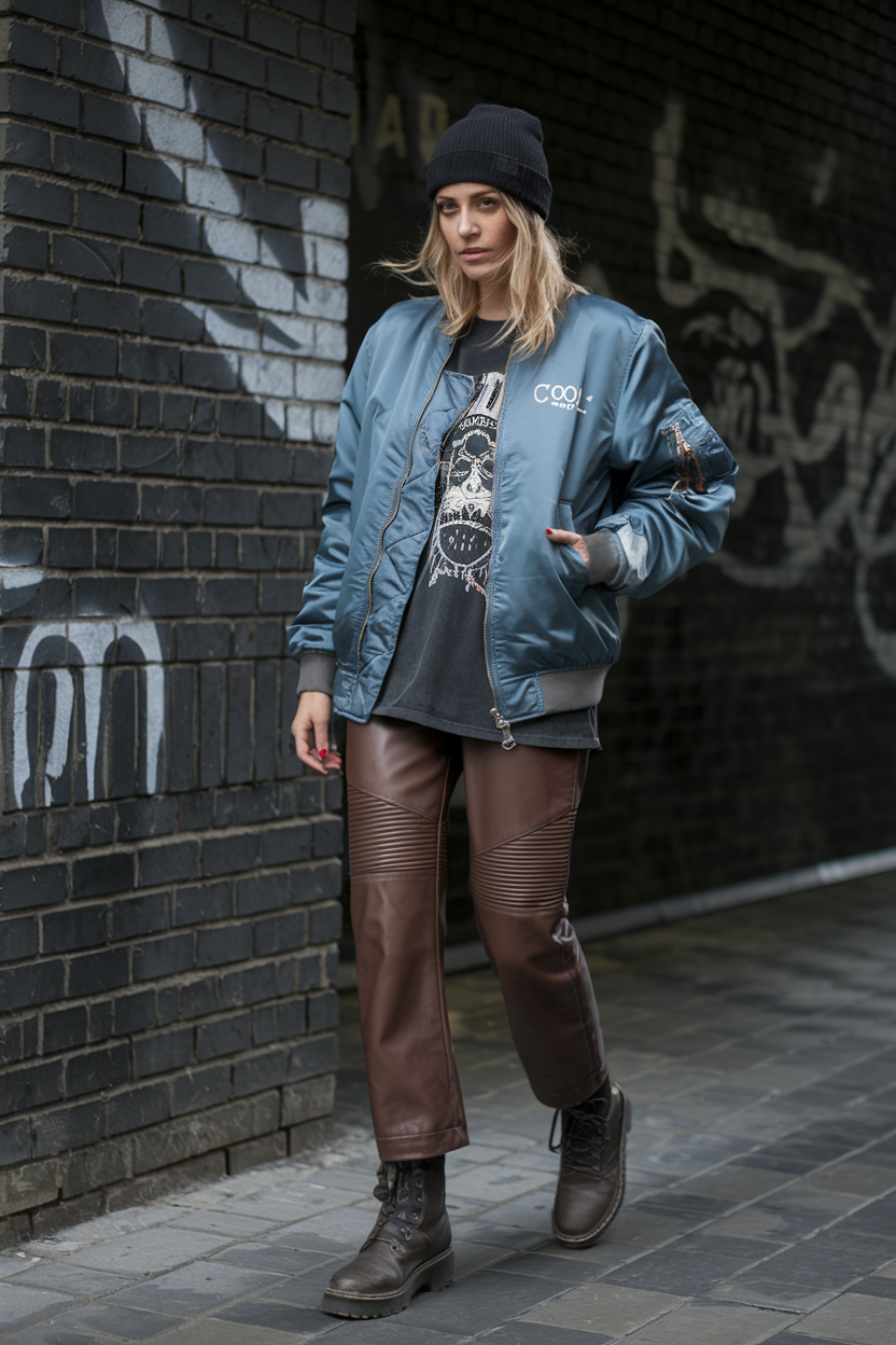 Young woman in bomber jacket and faux-leather pants stylishly poses against graffiti wall.