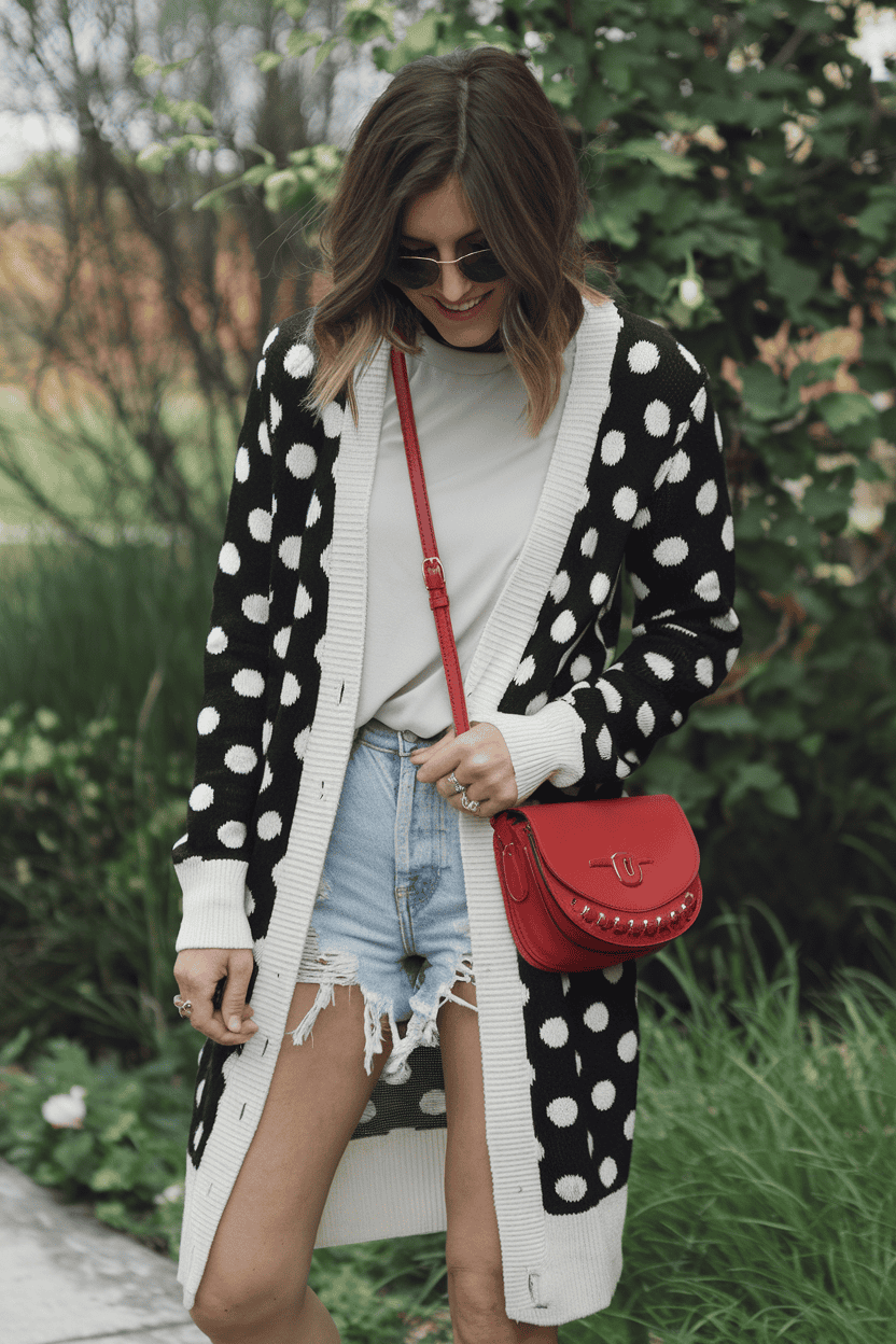 Young woman in stylish polka dot cardigan, denim shorts, and accessories in a green outdoor setting.