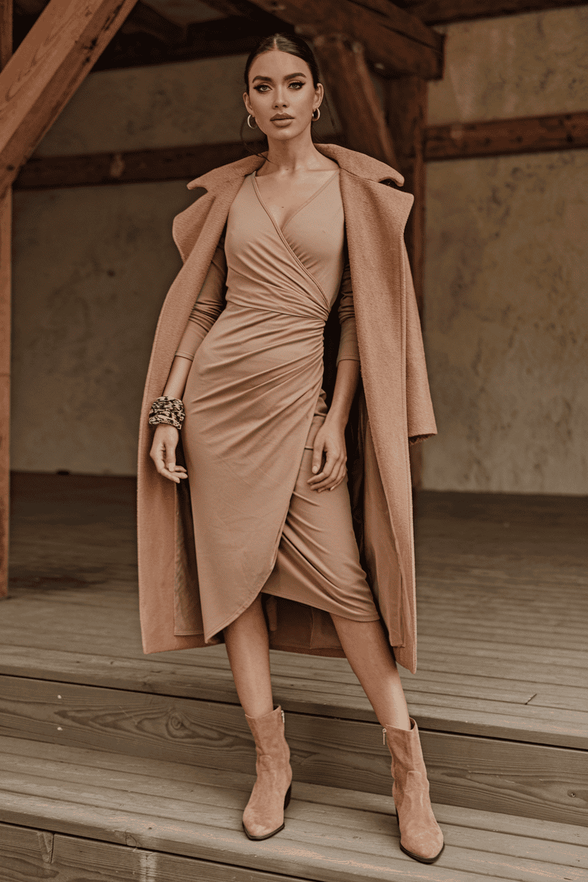 Elegant woman in stylish taupe dress and coat, showcasing contemporary fashion on wooden steps.