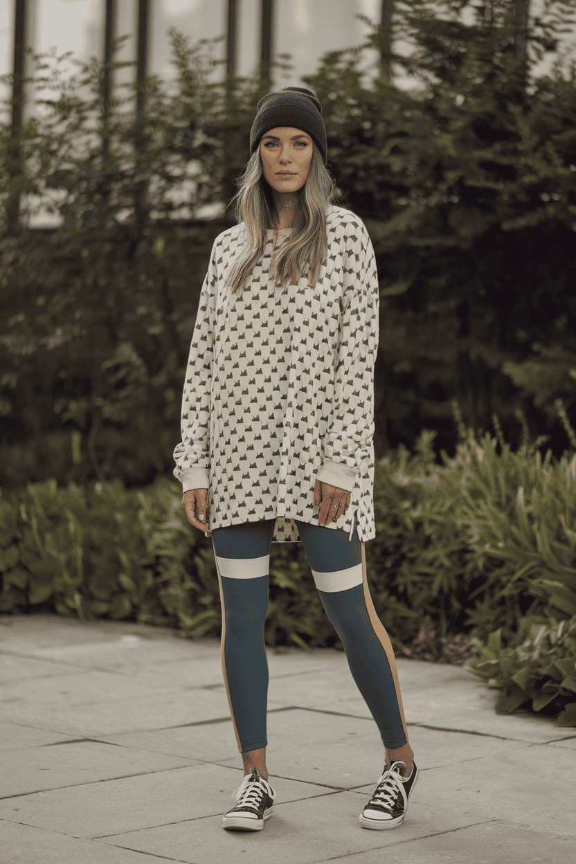 Young woman in casual athleisure outfit poses confidently in lush greenery.