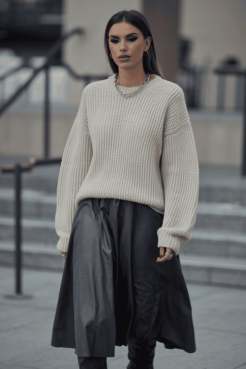 Stylish woman in oversized sweater and leather skirt walking confidently in an urban setting.