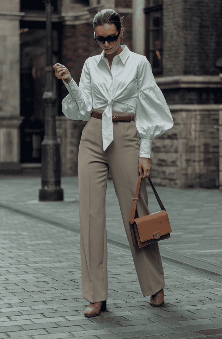 Stylish woman in chic urban outfit stands confidently on cobblestone street with classic architecture.