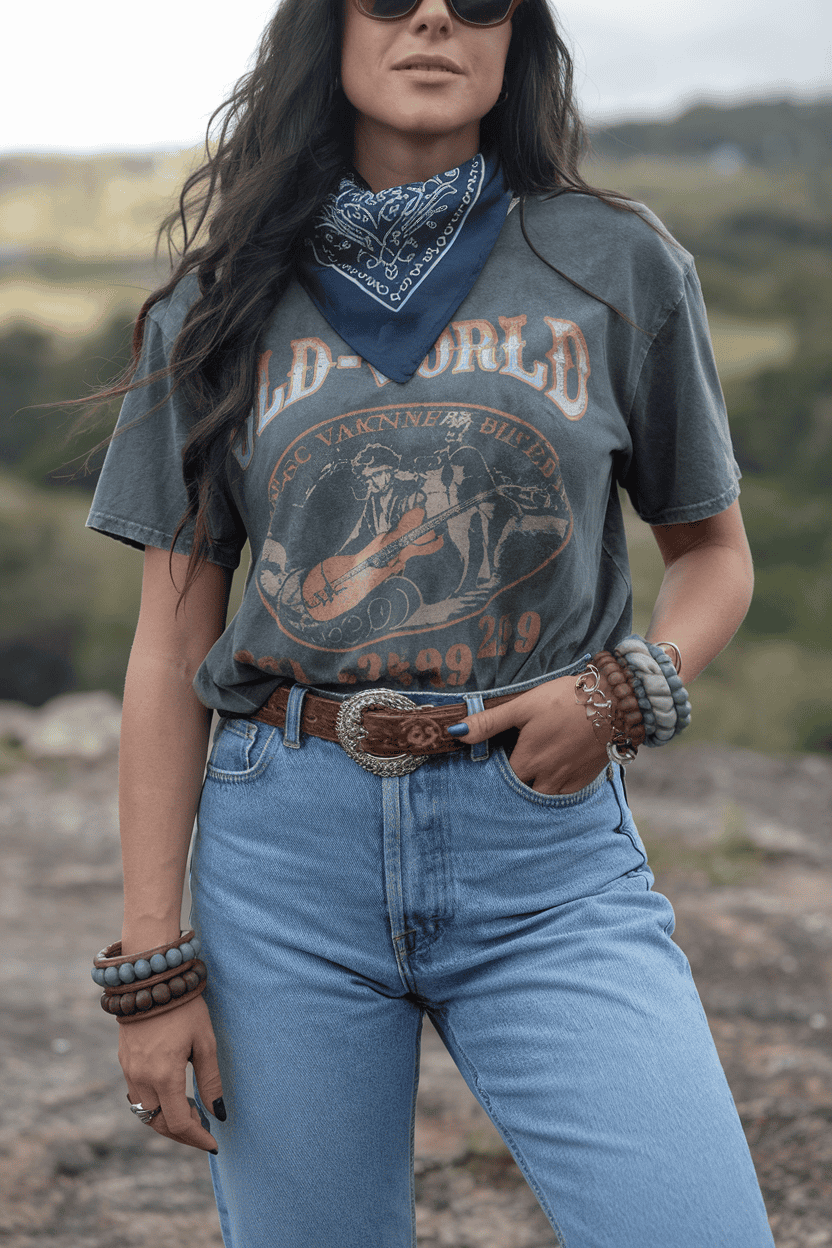 Confident woman in vintage graphic shirt and denim jeans enjoying a sunny outdoor adventure.