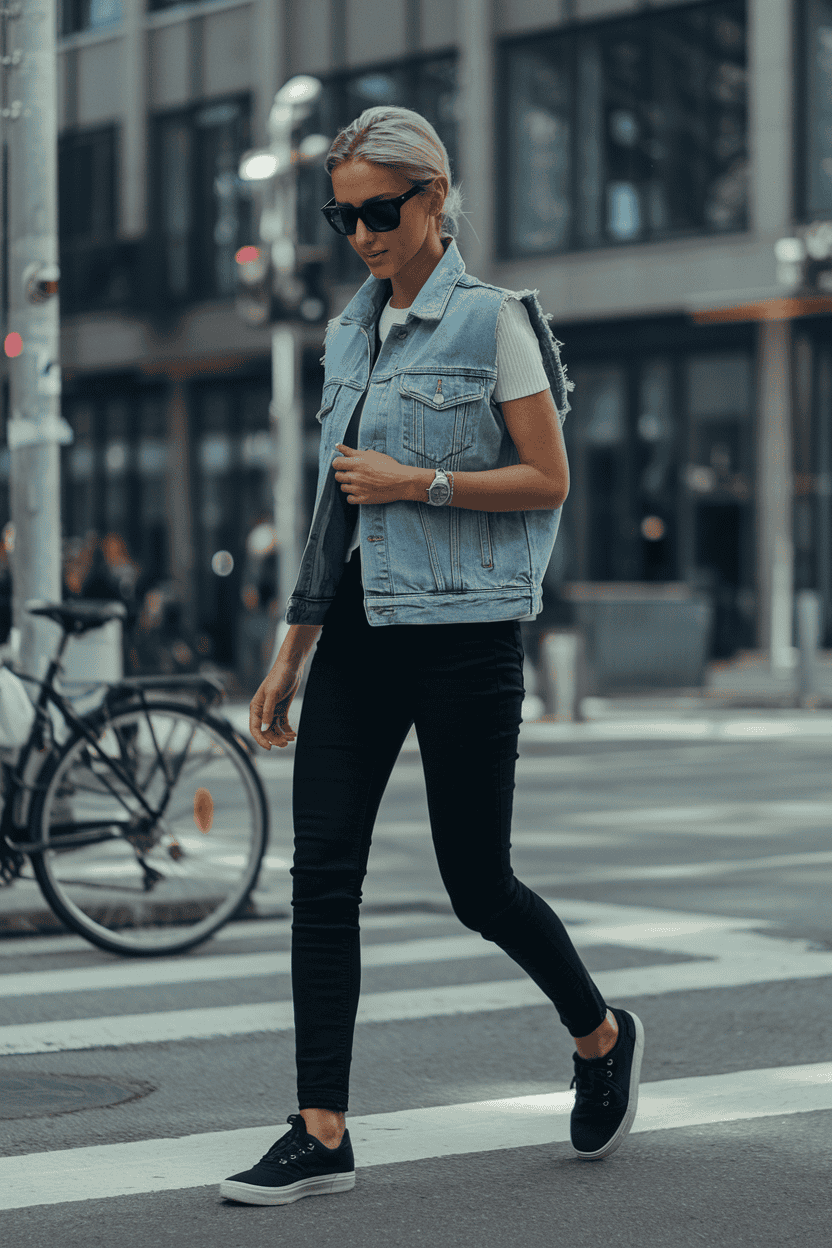 Confident woman in denim vest walks across urban city crosswalk in stylish casual attire.