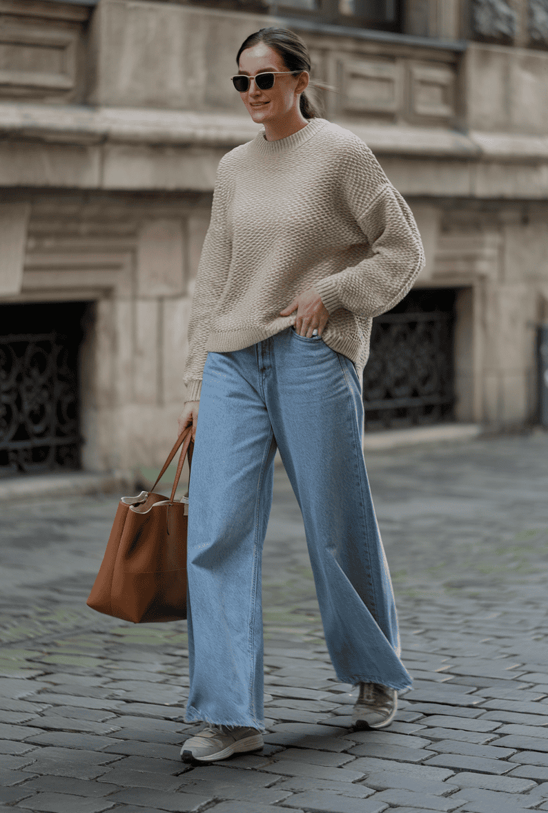 Young woman in a beige sweater walking on cobblestone street, exuding casual elegance.