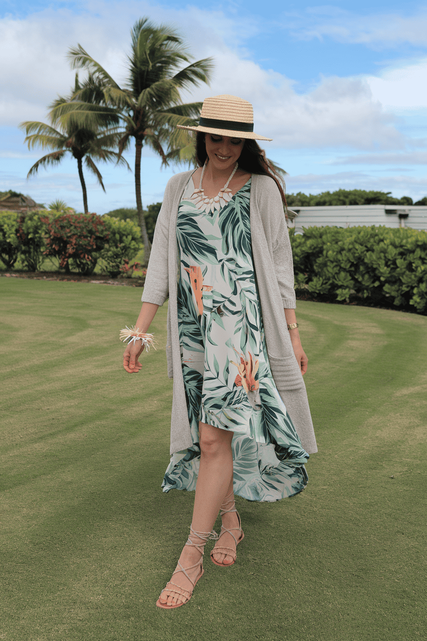 A woman in a floral dress walks on a lush lawn under a sunny tropical sky.