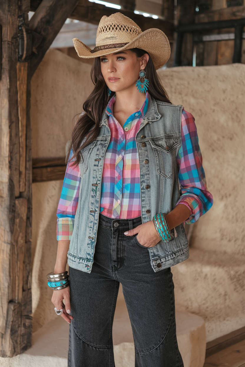 Woman in stylish western outfit with plaid shirt, denim vest, and cowboy hat.