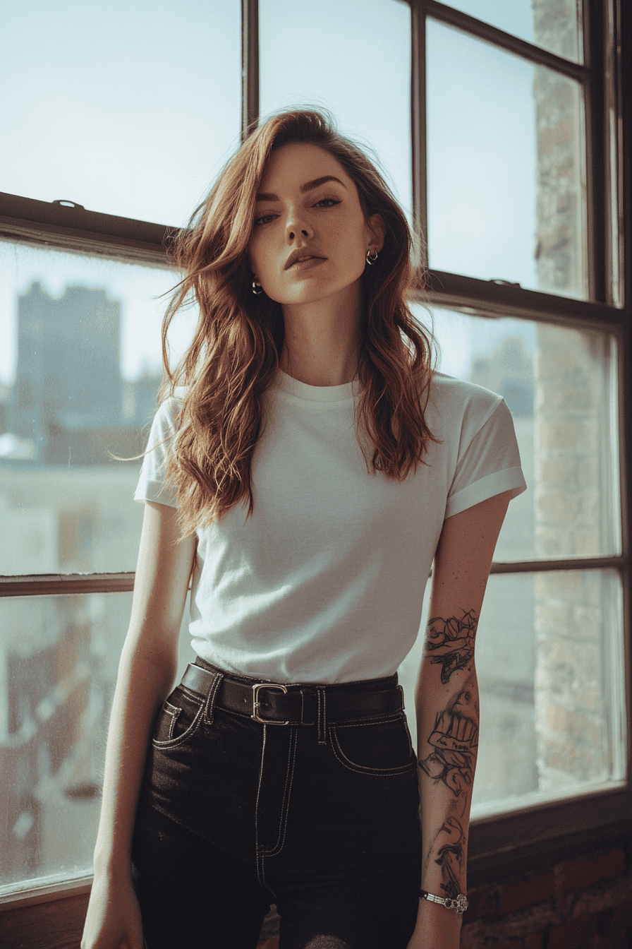 Confident young woman with tattoo in casual white t-shirt and black jeans by a sunlit window.