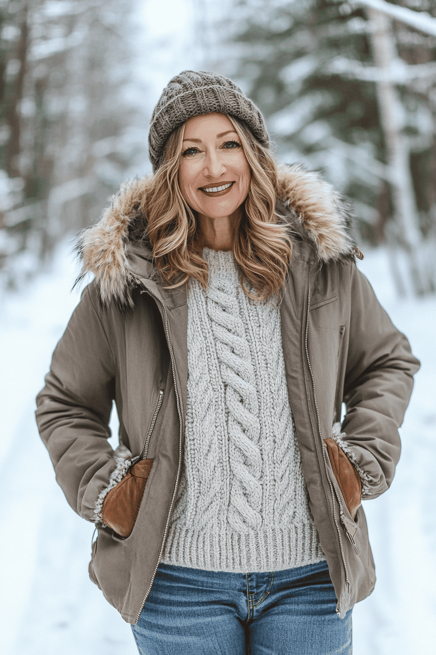 Woman in stylish winter parka smiling outdoors in snowy forest landscape.