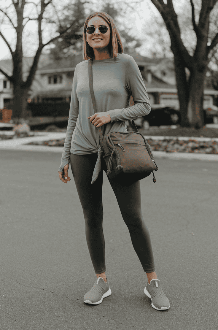 Young woman in stylish athletic outfit, enjoying a casual day in a suburban neighborhood.