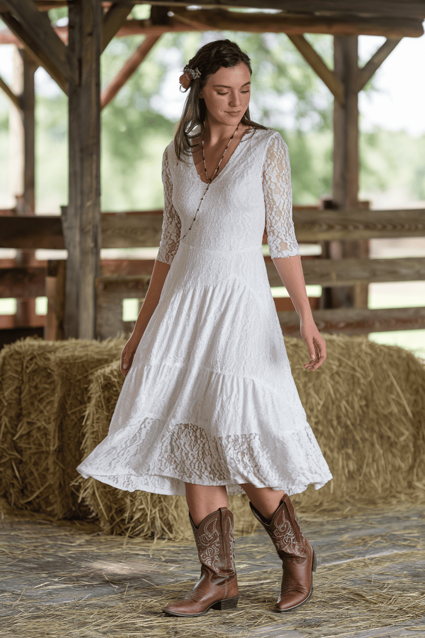 Woman in a white lace dress and cowboy boots stands gracefully in a rustic barn.