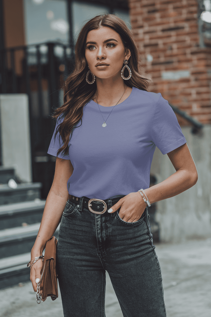 Young woman in stylish casual wear poses confidently against a brick wall backdrop.