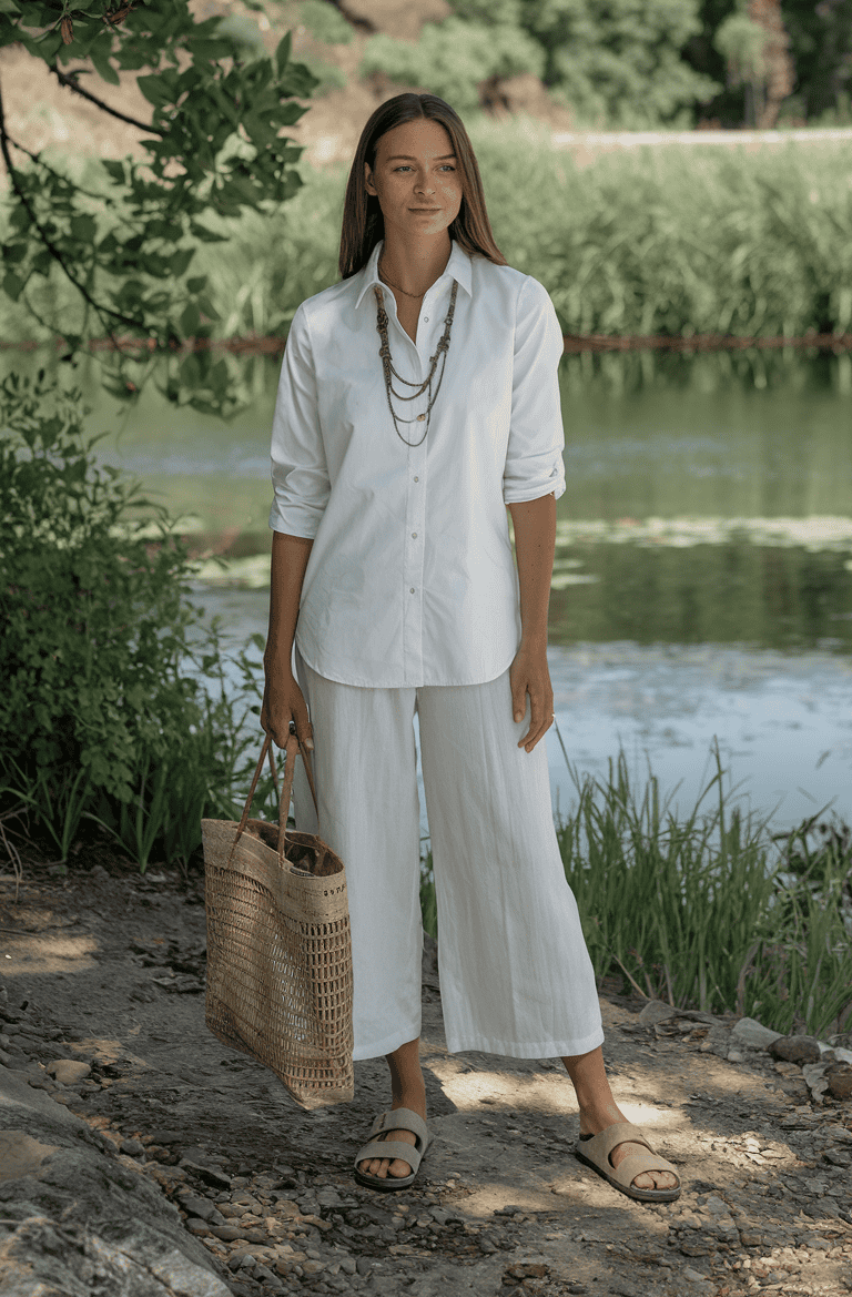 Young woman in white attire stands by serene water, exuding confidence amidst lush greenery.