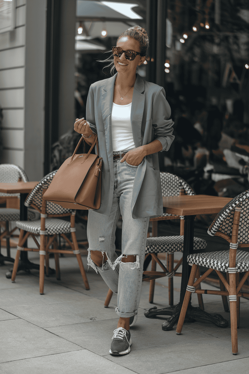 Young woman in chic outfit enjoys casual moments outside a café.