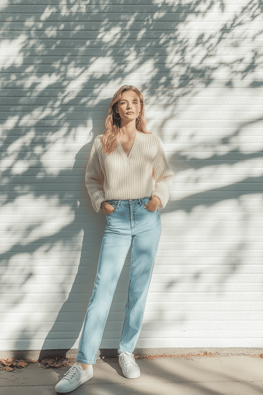 Young woman in knit sweater and jeans posing against textured wall in natural sunlight.